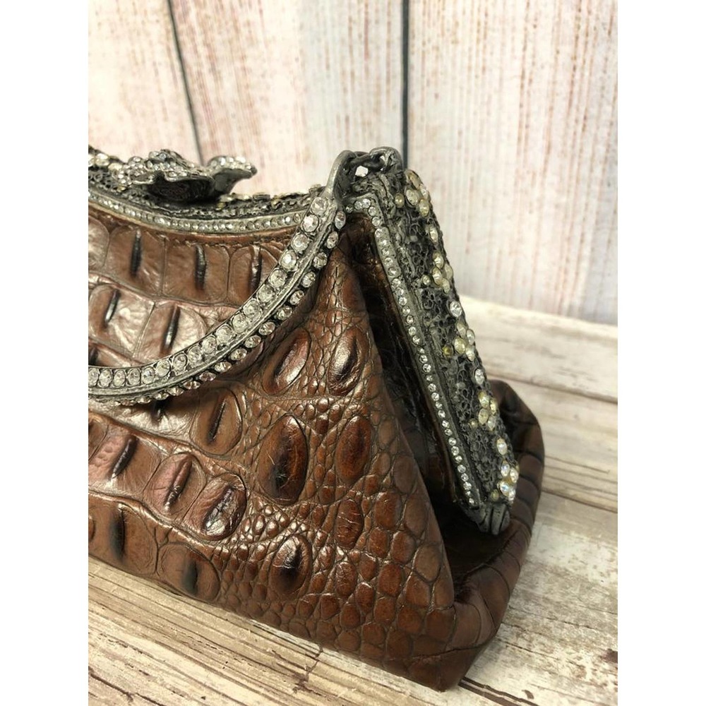 Besso Brown Croc Leather Handbag Evening Purse - Picture 5 of 12